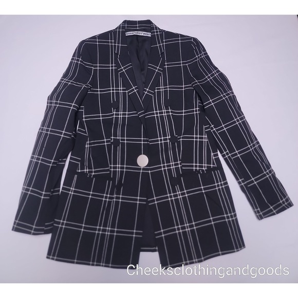 Alexander Wang Plaid Double Breasted Blazer Black White Zip Sleeve Women - Picture 2 of 12